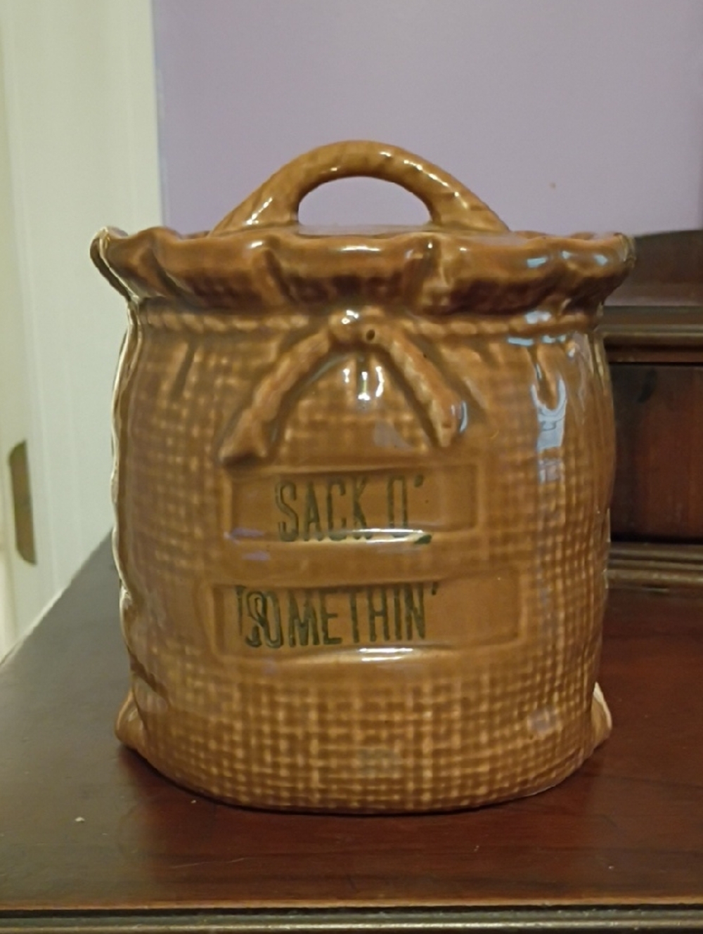 Vintage-Style Brown Ceramic 'Sack It' Cookie Jar